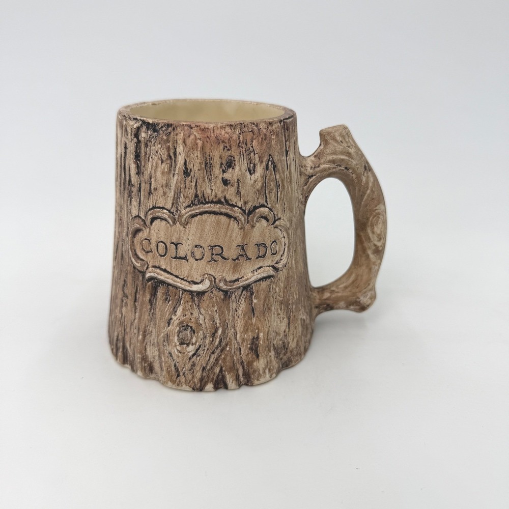 Vintage Colorado Faux Bois Tree Trunk Mug Rustic Branch Handle Ceramic Souvenir‎